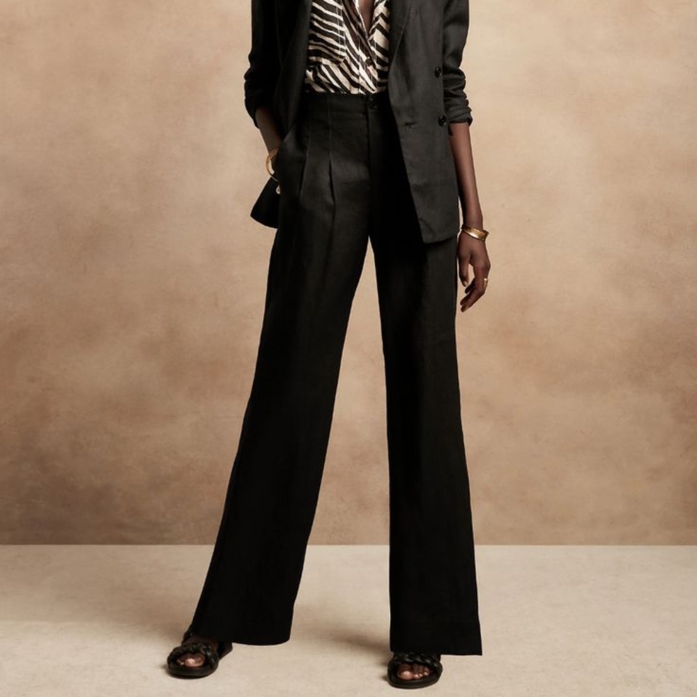 Banana Republic wide-leg pleated linen pant, black, 2 short